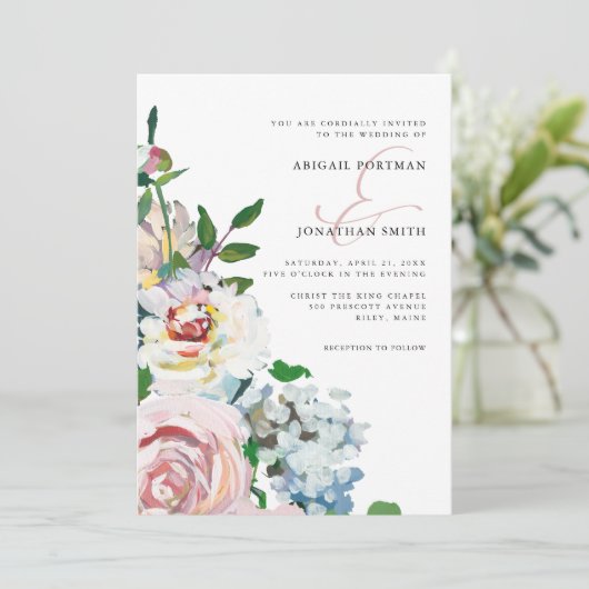 おしゃれなバラ色の淡い水彩花モチーフのウェディング 招待状 (スタンド正面)