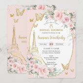 おしゃれなバラ色の花のプリントがパリのエッフェル塔とマッチした、ウェディングシャワーのお祝い 招待状 (正面/裏面)