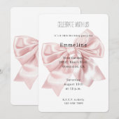 おしゃれなバラ色の リボン 誕生日 招待状 (正面/裏面)