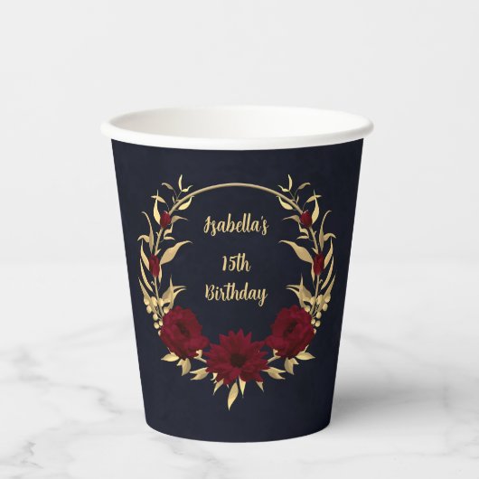 おしゃれなバーガンディとゴールドのネイビー 紙コップ (正面)