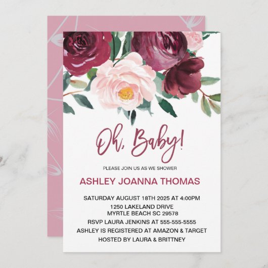 おしゃれなバーガンディの花 赤ちゃん歓迎パーティー 招待状 (正面/裏面)