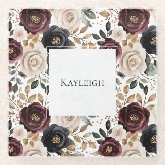 おしゃれなバーガンディクリームフラワープリント ガラスコースター (正面)