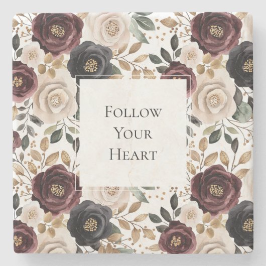 おしゃれなバーガンディクリームフラワープリント ストーンコースター (正面)