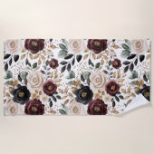 おしゃれなバーガンディクリームフラワープリント ビーチタオル (正面)