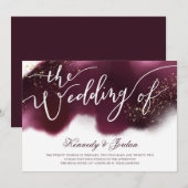 おしゃれなバーガンディゴールドグリッタータイポグラフィーウェディング 招待状 (正面/裏面)