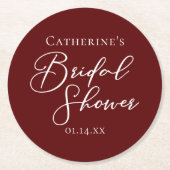 おしゃれなバーガンディーのブライダルシャワーパーソナライズド ラウンドペーパーコースター (正面)