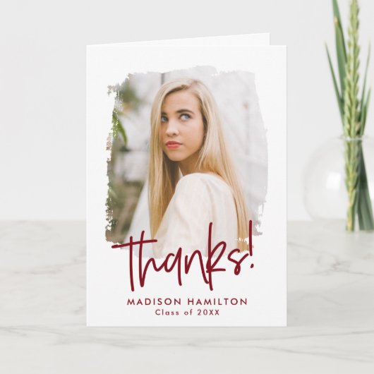 おしゃれなバーガンディーの手書きスクリプト写真 卒業 サンキューカード (正面)