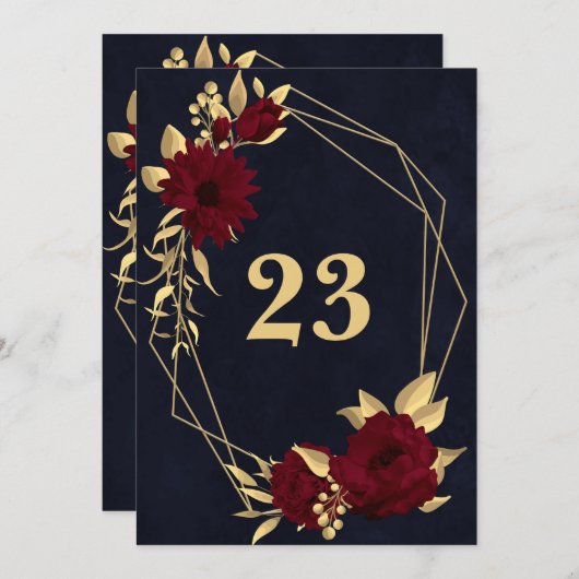 おしゃれなバーガンディ＆ゴールド ネイビー幾何学模様のテーブルナンバー 招待状 (正面/裏面)