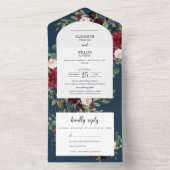 おしゃれなバーガンディ レッド ブルー 花のアーチ フレーム 結婚式 オールインワン招待状 (内側)