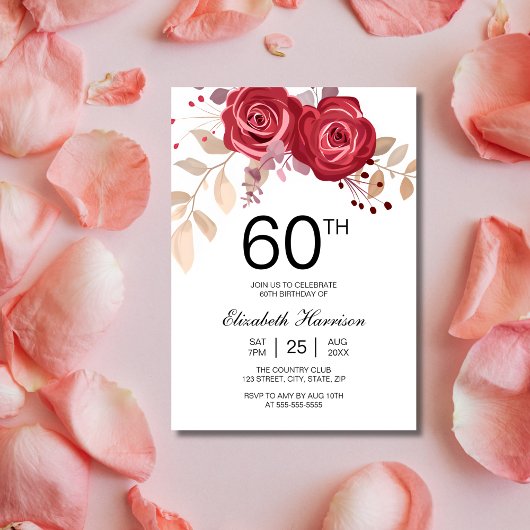 おしゃれなバーガンディ ローズ フラワー ボタニカル 誕生日 招待状