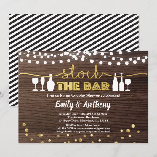 おしゃれなバー在庫招待状 ラスティックウッド&フェイクゴールド 招待状 (正面/裏面)