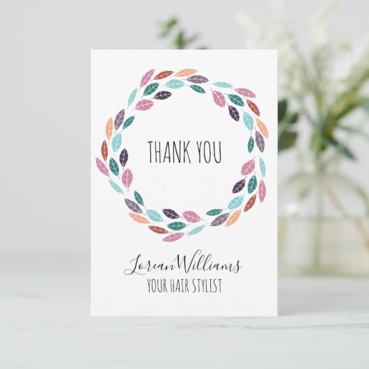 おしゃれなパステルカラーの葉っぱの髪飾りスタイリスト フラワー クラウン サンキューカード (スタンド正面)
