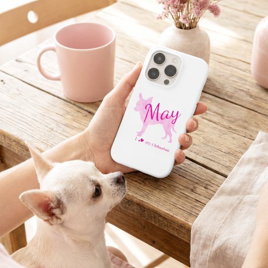 おしゃれなパステルピンクのチワワのシルエット カスタムネーム iPhoneケース