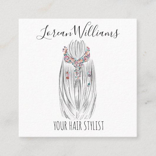 おしゃれなパステルヘアスタイリスト　編み込みヘアスタイル　フラワー スクエア名刺 (正面)