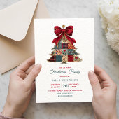 おしゃれなパッチワークツリー ボウ クリスマス パーティー 招待状