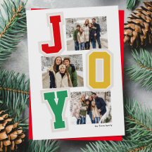 おしゃれなパッチ風「Joy」文字がトレンドのクリスマスフォトカード 3枚の写真を飾れる
