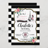 おしゃれなパリの女の子とプードルの誕生日パーティー 招待状 (正面/裏面)