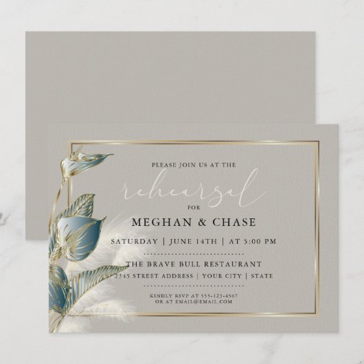おしゃれなパンパス草 ティール アンセリウム リハーサル 招待状 (正面/裏面)