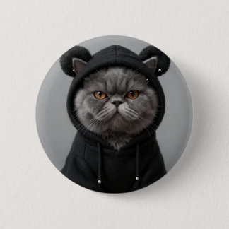 おしゃれなパーカーを着た猫 グランピー グレー猫 ストリートファッション アクセ 缶バッジ