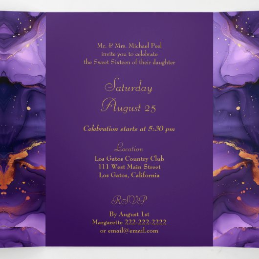 おしゃれなパープルとゴールドのスイート16パーティー招待状 三つ折り招待状 (内部中)