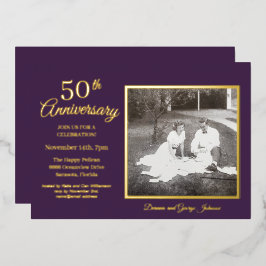 おしゃれなパープルの写真 50周年 ゴールド 箔招待状