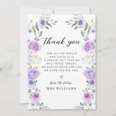おしゃれなパープルの花のウェディングシャワーの感謝カード サンキューカード (正面)