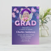 おしゃれなパープルグラデーションの卒業式 招待状 (スタンド正面)