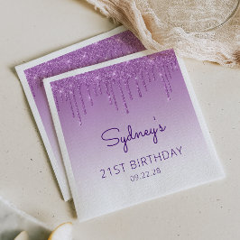 おしゃれなパープルグリッター ドリップ 21歳の誕生日パーティー スタンダードカクテルナプキン