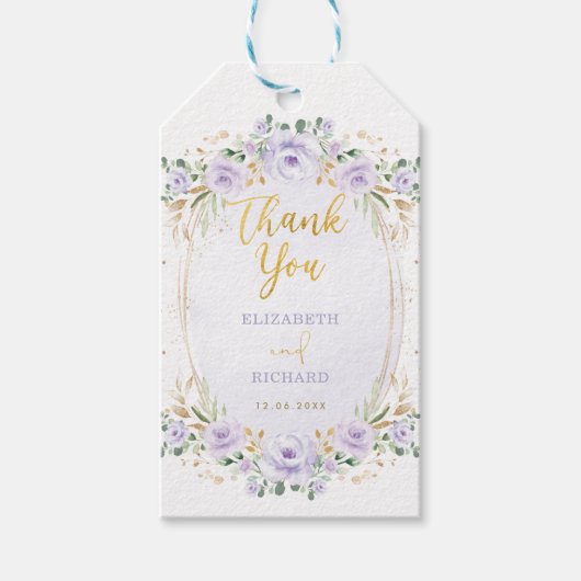 おしゃれなパープルゴールドの花のウェディングギフト ギフトタグ (正面)