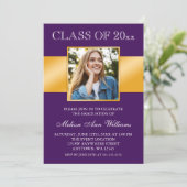 おしゃれなパープルゴールド写真卒業発表 招待状 (スタンド正面)