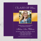 おしゃれなパープルゴールド写真卒業発表 招待状 (正面/裏面)