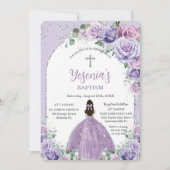 おしゃれなパープル ライラック フローラル シルバー アーチ 洗礼 招待状 (正面)