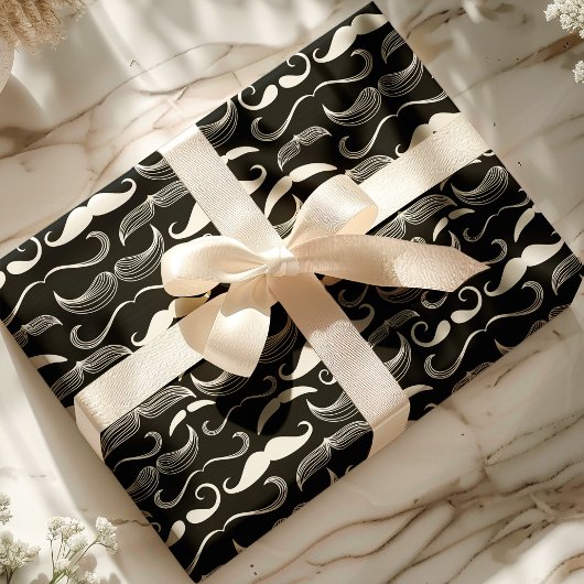 おしゃれなヒップスター 黒と白の口ひげパターン ラッピングペーパー