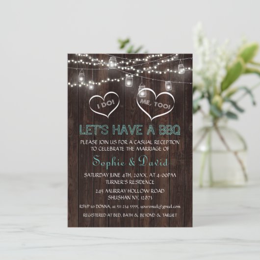 おしゃれなビンテージのストリングライト 古い納屋 私も結婚する BBQ 招待状 (スタンド正面)