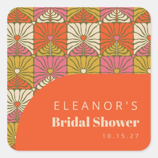おしゃれなビンテージオレンジ花柄 ブライダルシャワー カスタム スクエアシール (正面)