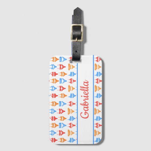 おしゃれなビーチまたはプールパーティーのパーソナライズされたバチェロレッテ ラゲッジタグ (正面縦)