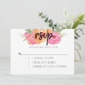 おしゃれなピンクとオレンジの春の花のRSVPカード 招待状 (スタンド正面)