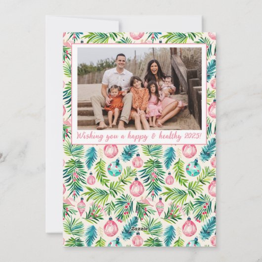 おしゃれなピンクとグリーンのオーナメント カスタム写真 シーズンカード (裏面)