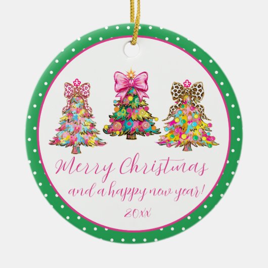 おしゃれなピンクとグリーンのクリスマスツリー セラミックオーナメント (正面)