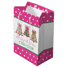 おしゃれなピンクとグリーンのクリスマスツリー ミディアムペーパーバッグ