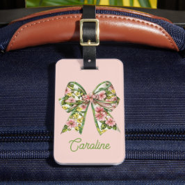 おしゃれなピンクとグリーンの花柄リボンのオーダーメイド ラゲッジタグ