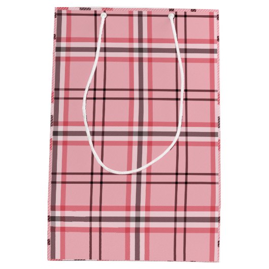 おしゃれなピンクとグレーのチェック柄パーティーファッション, ミディアムペーパーバッグ (裏面)