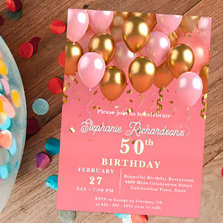 おしゃれなピンクとゴールドの風船 50歳の誕生日 招待状