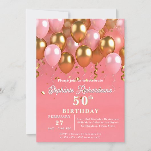 おしゃれなピンクとゴールドの風船 50歳の誕生日 招待状 (正面)