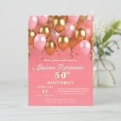 おしゃれなピンクとゴールドの風船 50歳の誕生日 招待状 (スタンド正面)