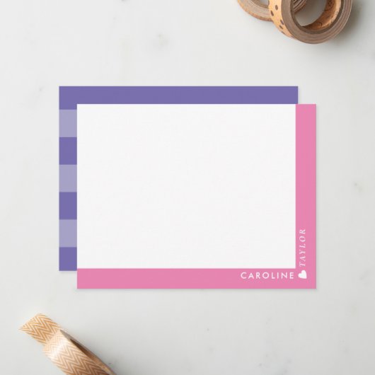 おしゃれなピンクとパープルのストライプがキュートな、彼女専用の名入れデザイン ノートカード (正面/裏面インサイチュ)