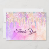 おしゃれなピンクとパープルのユニコーンがグリッターを垂らす サンキューカード (正面)
