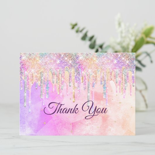 おしゃれなピンクとパープルのユニコーンがグリッターを垂らす サンキューカード (スタンド正面)