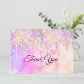 おしゃれなピンクとパープルのユニコーンがグリッターを滴らせる サンキューカード (スタンド正面)