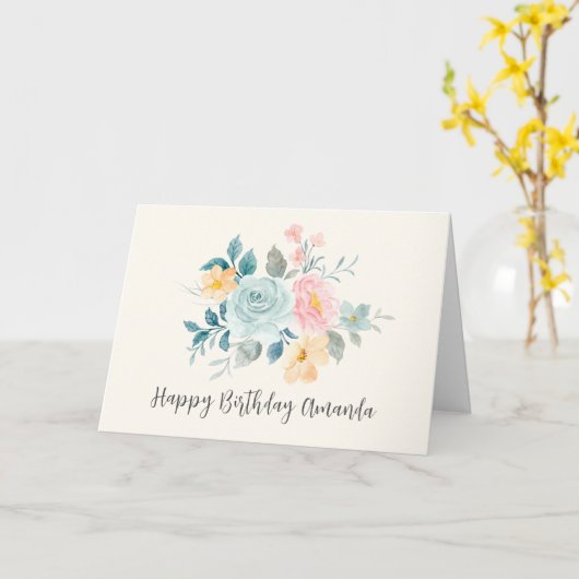 おしゃれなピンクとブルーの花束 - 誕生日 カード (黄色い花)